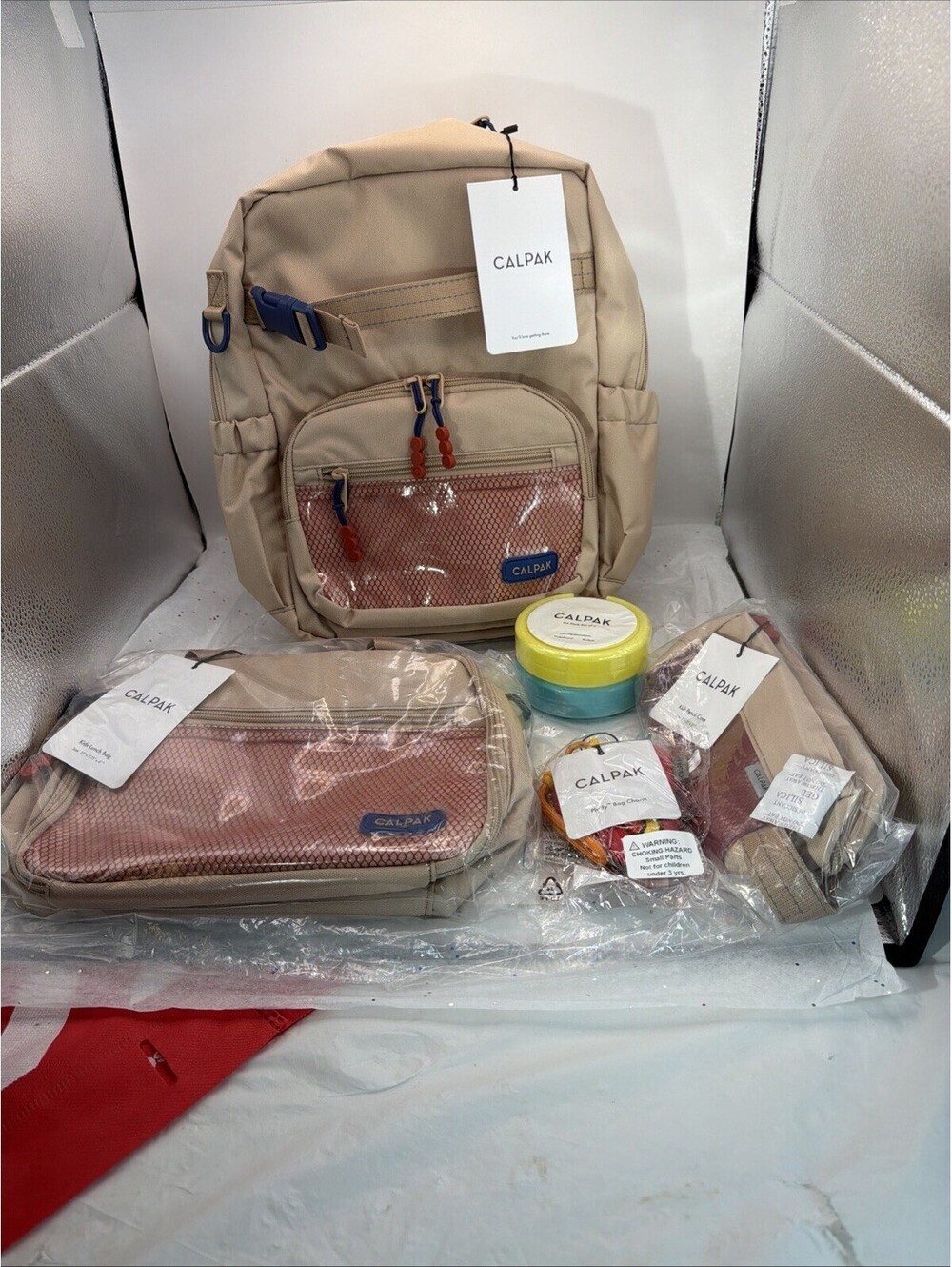 Calpak Kids Backpack Bundle Khaki Lunch Bag Pencil Case Pizza Pluffy Charm NWT